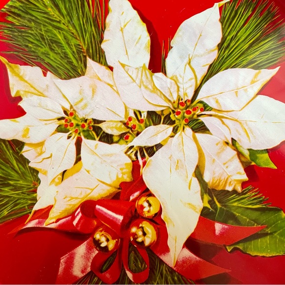 Vintage Mid Century Round Metal Holiday Christmas Tray Poinsettia and Ribbon - Picture 2 of 7